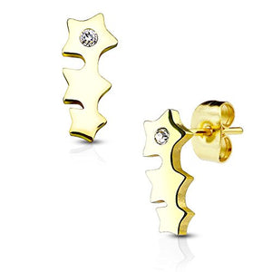 Pair of Triple Star with Crystal 316L Stainless Steel WildKlass Earring Studs-WildKlass Jewelry