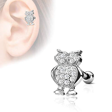 WildKlass CZ Paved Owl Top 316L Surgical Steel Ear Cartilage Barbell Studs-WildKlass Jewelry