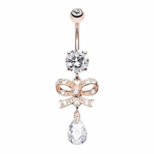 Rose Gold Romantic Gem Bow-Tie 316L Surgical Steel Belly Button Ring-WildKlass Jewelry