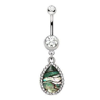 316L Stainless Steel Tear Drop Shaped Jeweled Abalone Dangle WildKlass Navel Ring-WildKlass Jewelry