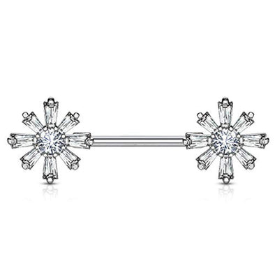 WildKlass Princess Cut CZ with Round CZ Center Flower Ends 316L Surgical Steel Nipple Barbell Rings-WildKlass Jewelry