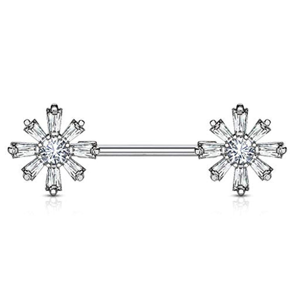 WildKlass Princess Cut CZ with Round CZ Center Flower Ends 316L Surgical Steel Nipple Barbell Rings-WildKlass Jewelry