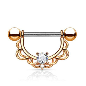 CZ Centered Filigree Drop 14kt. Gold Plated WildKlass Nipple Barbell-WildKlass Jewelry