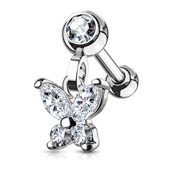 CZ Butterfly Dangle Jeweled Set Ball 316L Surgical Steel WildKlass Ear Cartilage/Tragus Barbell Studs-WildKlass Jewelry