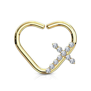 CZ Paved Cross Heart Shape WildKlass Ear Cartilage, Daith Hoop Rings-WildKlass Jewelry