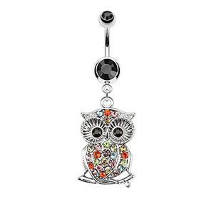 Owl Multi Color Gemmed on Branch WildKlass Dangle Navel Ring 316L Surgical Steel-WildKlass Jewelry