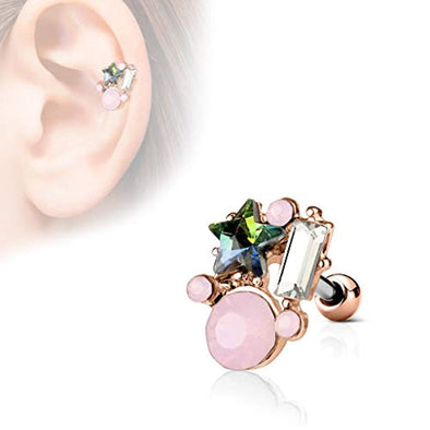 AB Crystal Star and Opalite Stones Cluster Top 316L Surgical Steel WildKlass Cartilage Barbell Studs-WildKlass Jewelry