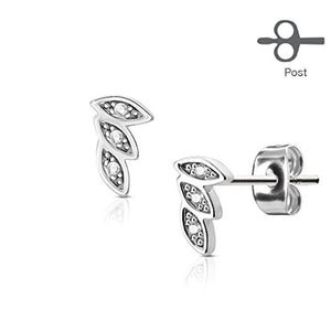 Pair of CZ Paved 3 Leaves 316L Surgical Steel Post WildKlass Earring Studs-WildKlass Jewelry