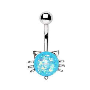316L Stainless Steel Blue Synthetic Opal Kitty Cat WildKlass Navel Ring-WildKlass Jewelry