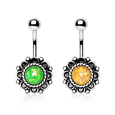 316L Stainless Steel Antique Synthetic Opal Floral Charm WildKlass Navel Ring-WildKlass Jewelry