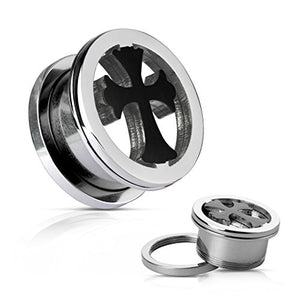 Black Celtic Cross on Mirror Polished Surgical Steel Screw Fit Flesh WildKlass Tunnels-WildKlass Jewelry