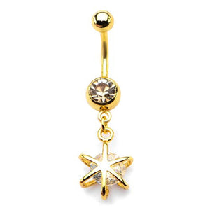 Gold PVD Plated WildKlass Navel with clear gem in cage dangle charm (14g 7/16")-WildKlass Jewelry