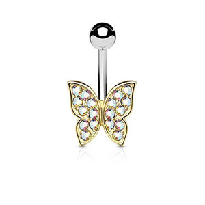 IP Gold and Rose Gold Over Crystal Paved Butterfly 316L Surgical Steel WildKlass Belly Button Navel Rings-WildKlass Jewelry