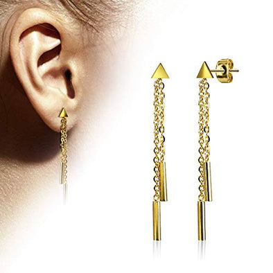 WildKlass Pair of Hand Polished Triangle with 2 Chain Drop Round Bar Dangles 316L Stainless Steel Earring Studs-WildKlass Jewelry