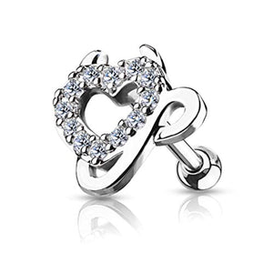 CZ Paved Devil Heart Top 316L Surgical Steel WildKlass Ear Cartilage/Tragus Barbell Stud Rings-WildKlass Jewelry