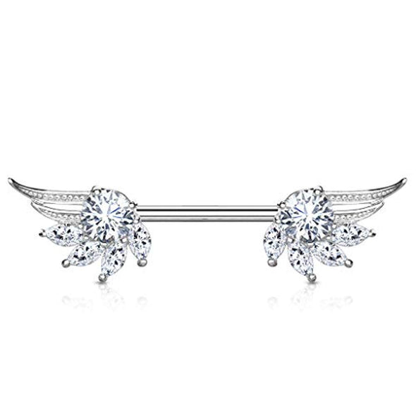 WildKlass Round and Marquise CZ Prong Set Angel Wings Ends 316L Surgical Steel Nipple Barbell Rings-WildKlass Jewelry