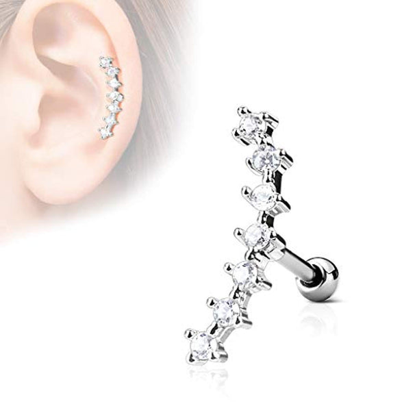 WildKlass Lined CZ Curve Top 316L Surgical Steel Ear Cartilage Barbell Studs-WildKlass Jewelry