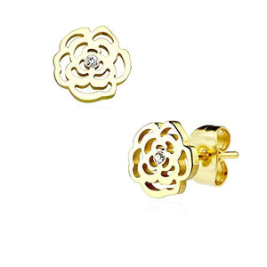 Pair of Rose Blossom with Crystal 316L Stainless Steel WildKlass Earring Studs-WildKlass Jewelry