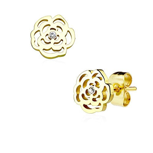 Pair of Rose Blossom with Crystal 316L Stainless Steel WildKlass Earring Studs-WildKlass Jewelry