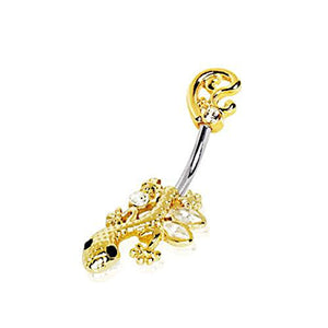 Gold Plated Jeweled Filigree Gecko WildKlass Navel Ring-WildKlass Jewelry