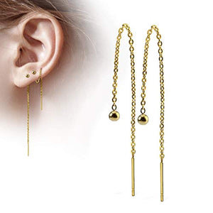 Pair of Chained Free Falling 3mm Ball and WildKlass Bar Stainless Steel Earring-WildKlass Jewelry
