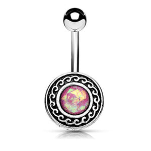 Antique Silver Plated Tribal Shield with Opal Glitter Center WildKlass Belly Rings-WildKlass Jewelry