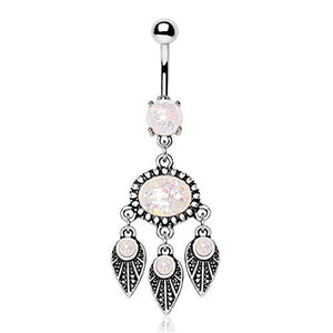 316L Stainless Steel Native Feather Wind Chime WildKlass Navel Ring with Synthetic Opal-WildKlass Jewelry