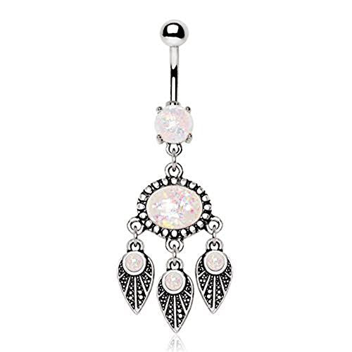 316L Stainless Steel Native Feather Wind Chime WildKlass Navel Ring with Synthetic Opal-WildKlass Jewelry