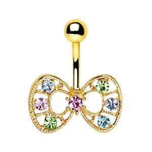 Gold Plated Fancy Multi-Jeweled WildKlass Bow Navel Ring-WildKlass Jewelry