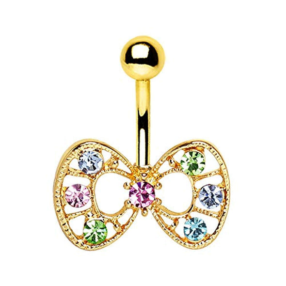 Gold Plated Fancy Multi-Jeweled WildKlass Bow Navel Ring-WildKlass Jewelry