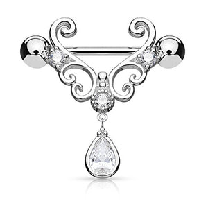 CZ Set Heart Filigree with Tear Drop CZ Dangle WildKlass Nipple Rings-WildKlass Jewelry
