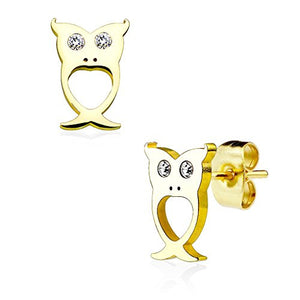 Pair of Owl with Crystal Eyes 316L Stainless Steel WildKlass Earring Studs-WildKlass Jewelry