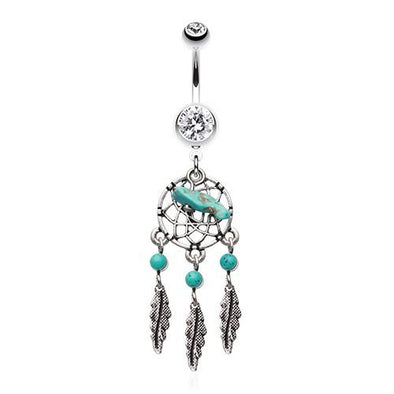 Turquoise Slab Dreamcatcher 316L Surgical Steel Belly Button Ring-WildKlass Jewelry