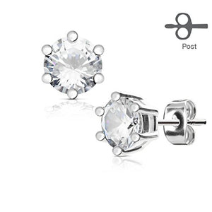 Pair of 6 Prong Set CZ 316L Surgical Steel Post WildKlass Ear Stud Rings-WildKlass Jewelry