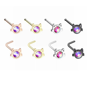 Black-GoldRose-Gold-Silver Iridescent Cat Silhouette Face L-Shape-Stud Nose Ring-WildKlass Jewelry