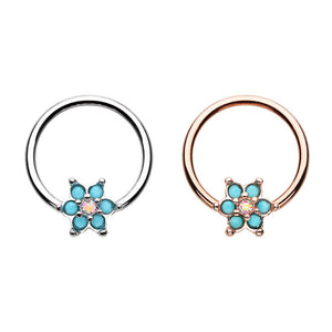 Rose Gold, SilverTurquoise Spring Flower Sparkle Steel Captive Bead Ring-WildKlass Jewelry