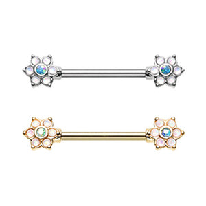 Silver & Gold Opal Twinkle Starburst Ornate Nipple Barbell Ring-WildKlass Jewelry