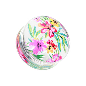 Hawaiian Flower Print Acrylic UV Double Flared Ear Gauge WildKlass Plug-WildKlass Jewelry