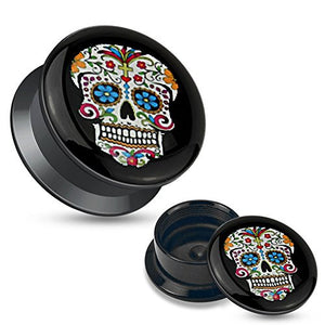 Blue Sugar Skull Black Acrylic Stash WildKlass Screw Fit Plug-WildKlass Jewelry