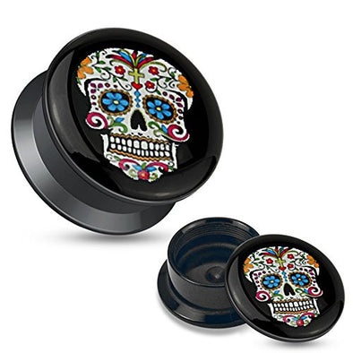 Blue Sugar Skull Black Acrylic Stash WildKlass Screw Fit Plug-WildKlass Jewelry