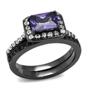 WildKlass Stainless Steel Ring IP Light Black (IP Gun) Women AAA Grade CZ Tanzanite-WildKlass Jewelry