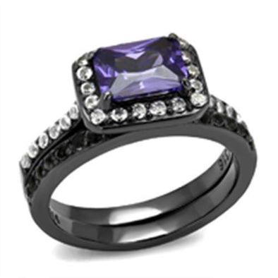WildKlass Stainless Steel Ring IP Light Black (IP Gun) Women AAA Grade CZ Tanzanite-WildKlass Jewelry