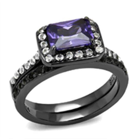WildKlass Stainless Steel Ring IP Light Black (IP Gun) Women AAA Grade CZ Tanzanite-WildKlass Jewelry