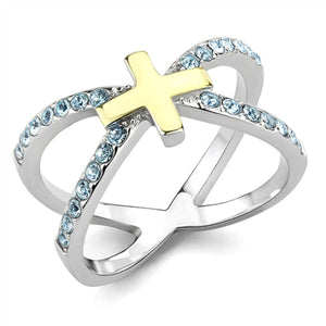 WildKlass Stainless Steel Ring Two-Tone IP Gold Women Top Grade Crystal Sea Blue-WildKlass Jewelry