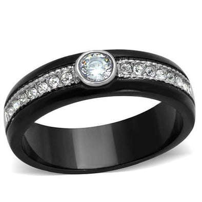 WildKlass Stainless Steel Ring Two-Tone IP Black Women AAA Grade CZ Clear-WildKlass Jewelry