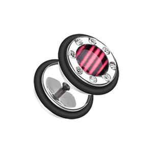 Stripe Gem Rimmed Steel Fake WildKlass Plug-WildKlass Jewelry