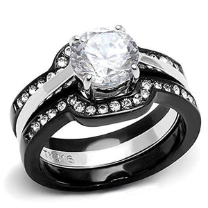 WildKlass Stainless Steel Ring Two-Tone IP Black Women AAA Grade CZ Clear-WildKlass Jewelry