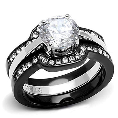 WildKlass Stainless Steel Ring Two-Tone IP Black Women AAA Grade CZ Clear-WildKlass Jewelry
