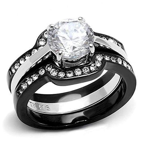 WildKlass Stainless Steel Ring Two-Tone IP Black Women AAA Grade CZ Clear-WildKlass Jewelry