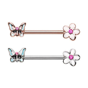 Rose Gold & Silver Spring Butterfly Flower Nipple Barbell Ring-WildKlass Jewelry